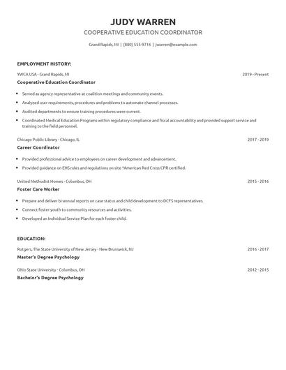 Cooperative Education Coordinator Resume
