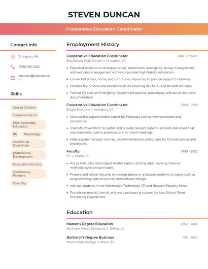 Cooperative Education Coordinator Resume