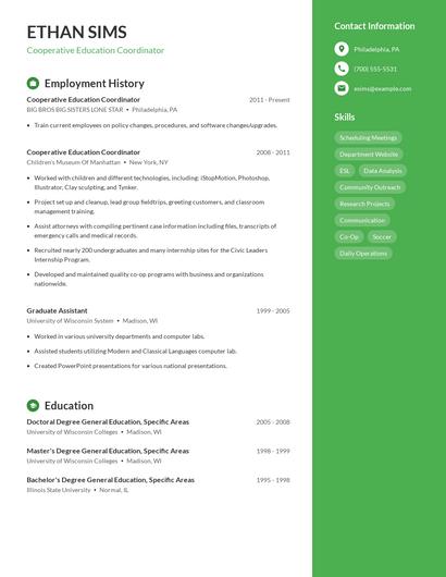 Cooperative Education Coordinator Resume