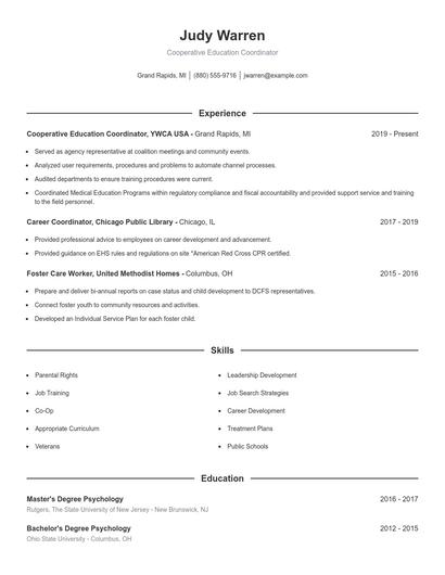 Cooperative Education Coordinator Resume