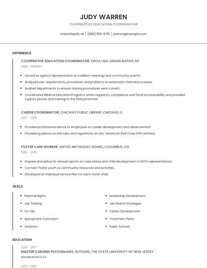 Cooperative Education Coordinator Resume