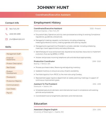Coordinator/Executive Assistant Resume