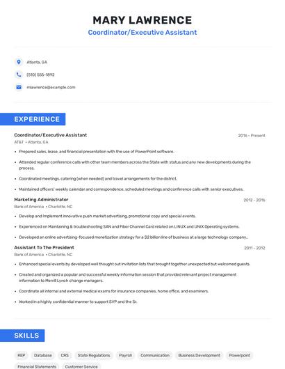 Coordinator/Executive Assistant Resume