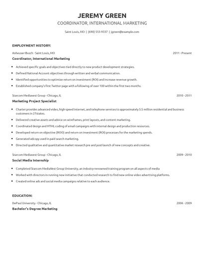 Coordinator, International Marketing Resume