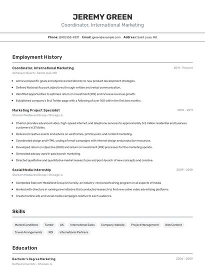Coordinator, International Marketing Resume