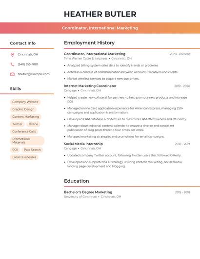 Coordinator, International Marketing Resume