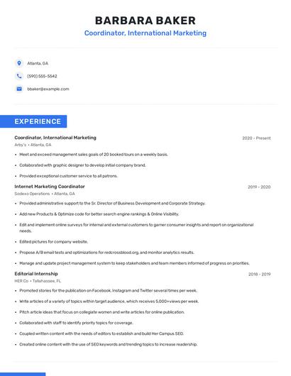 Coordinator, International Marketing Resume