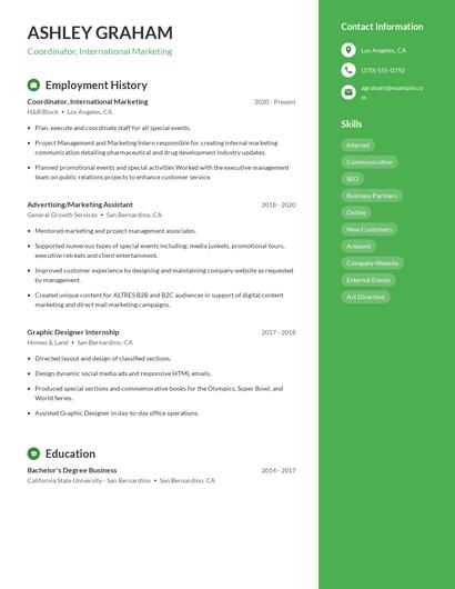 Coordinator, International Marketing Resume