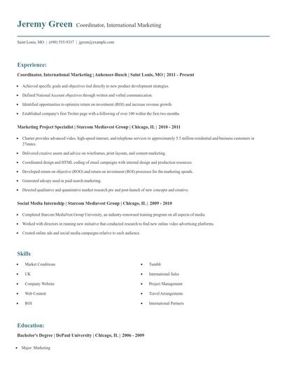 Coordinator, International Marketing Resume