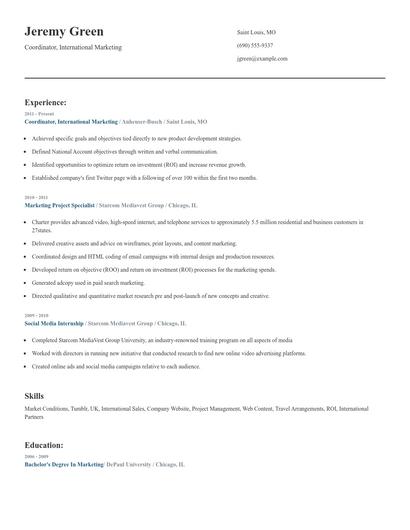 Coordinator, International Marketing Resume