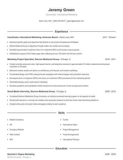Coordinator, International Marketing Resume