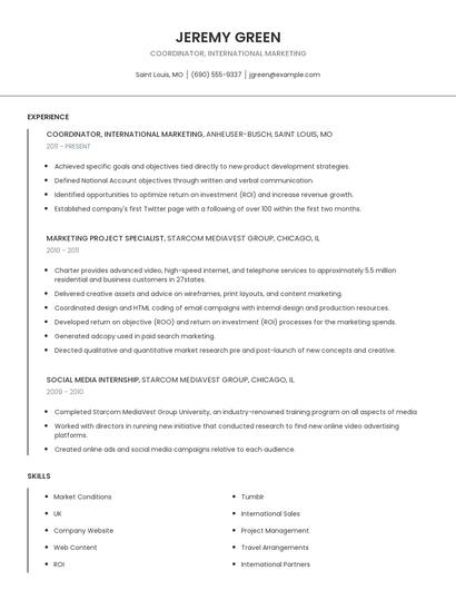 Coordinator, International Marketing Resume