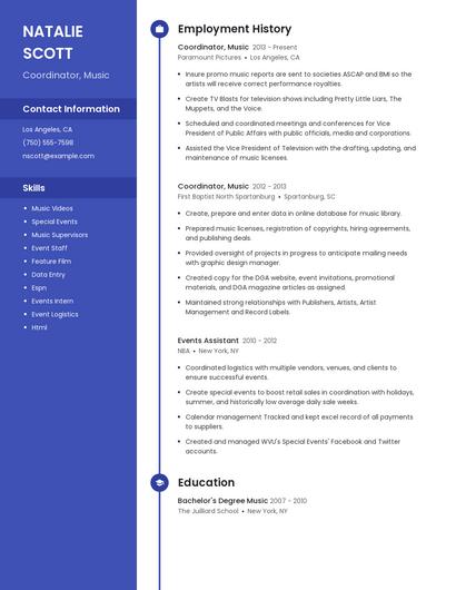 Coordinator, Music Resume