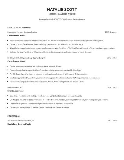 Coordinator, Music Resume