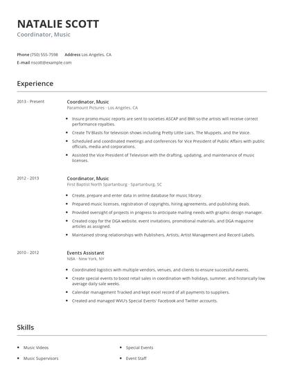 Coordinator, Music Resume