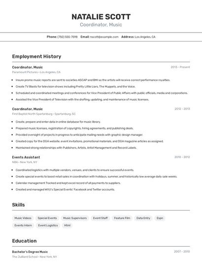 Coordinator, Music Resume