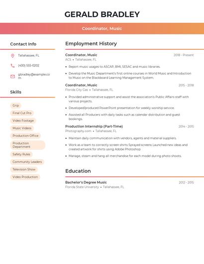 Coordinator, Music Resume