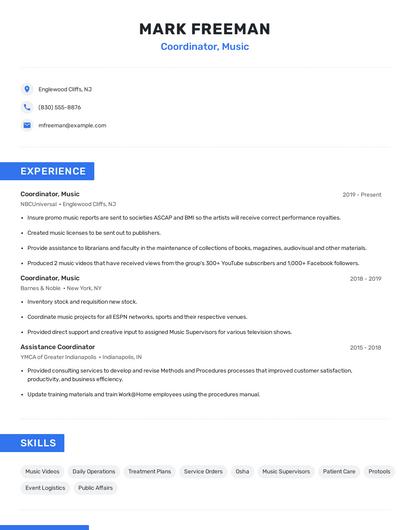 Coordinator, Music Resume