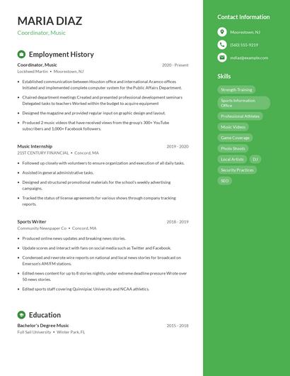 Coordinator, Music Resume