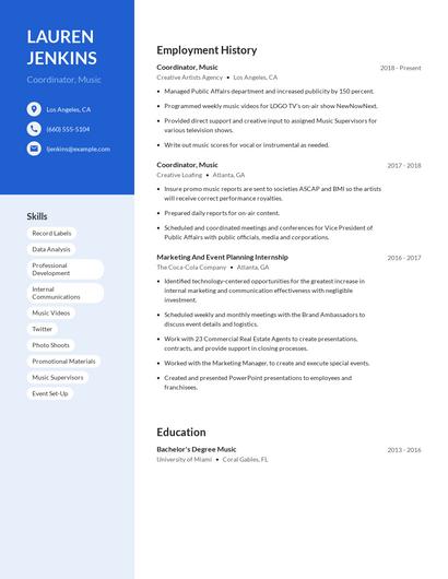 Coordinator, Music Resume