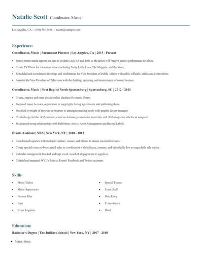 Coordinator, Music Resume