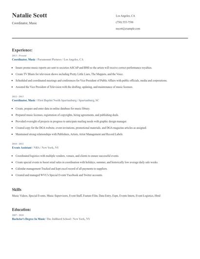 Coordinator, Music Resume