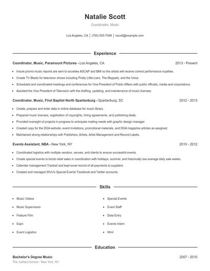 Coordinator, Music Resume