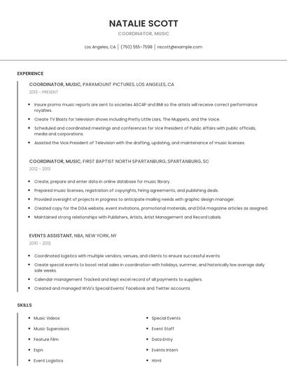 Coordinator, Music Resume