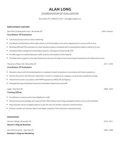 Coordinator Of Evaluation Resume