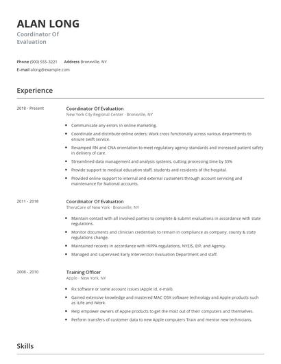 Coordinator Of Evaluation Resume