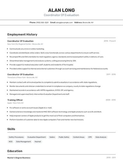Coordinator Of Evaluation Resume