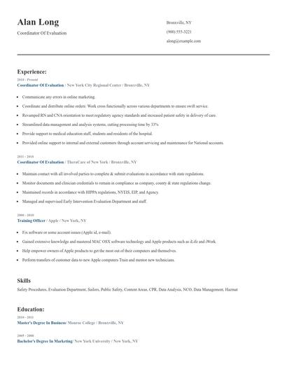 Coordinator Of Evaluation Resume