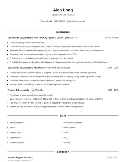 Coordinator Of Evaluation Resume