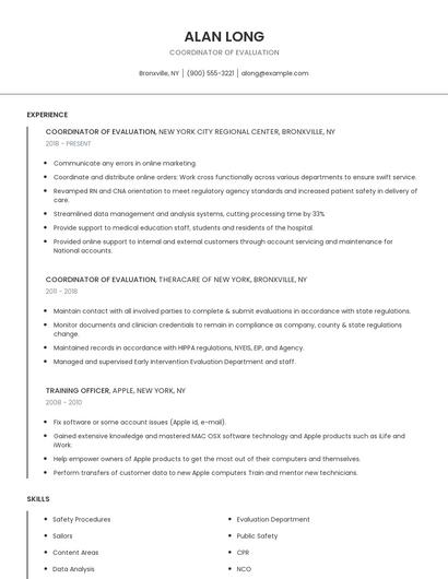 Coordinator Of Evaluation Resume