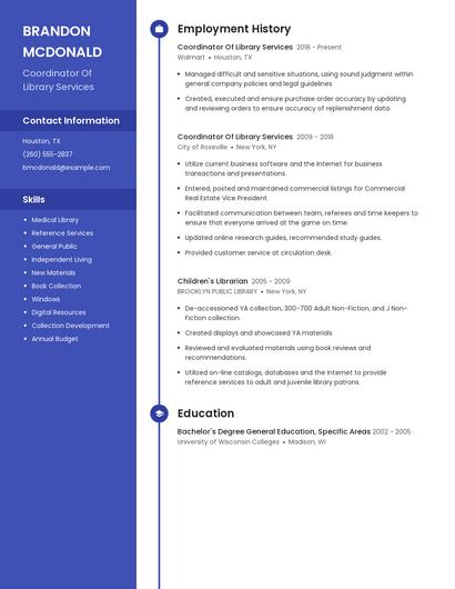 Coordinator Of Library Services Resume