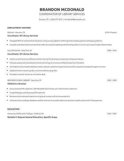 Coordinator Of Library Services Resume
