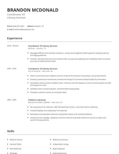 Coordinator Of Library Services Resume