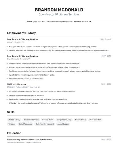 Coordinator Of Library Services Resume