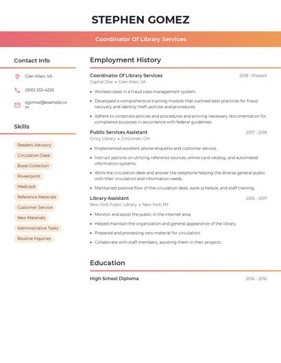 Coordinator Of Library Services Resume