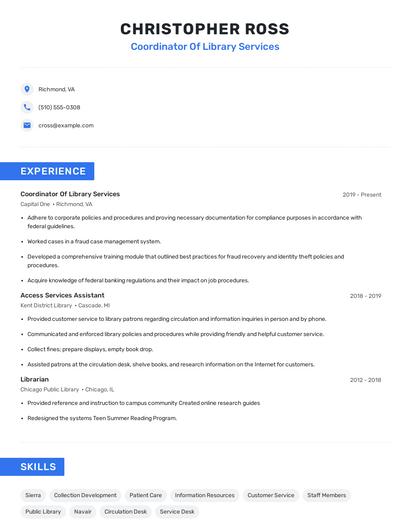 Coordinator Of Library Services Resume