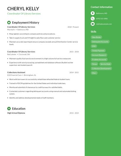 Coordinator Of Library Services Resume
