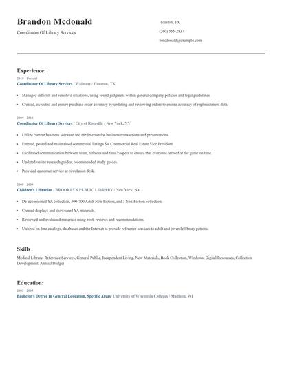 Coordinator Of Library Services Resume