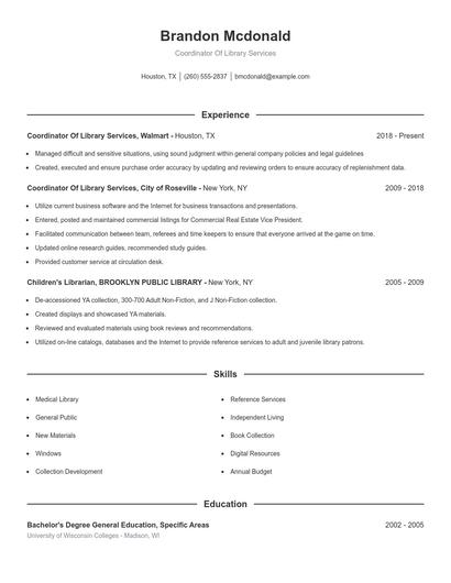 Coordinator Of Library Services Resume