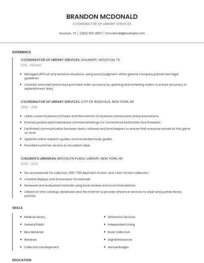 Coordinator Of Library Services Resume