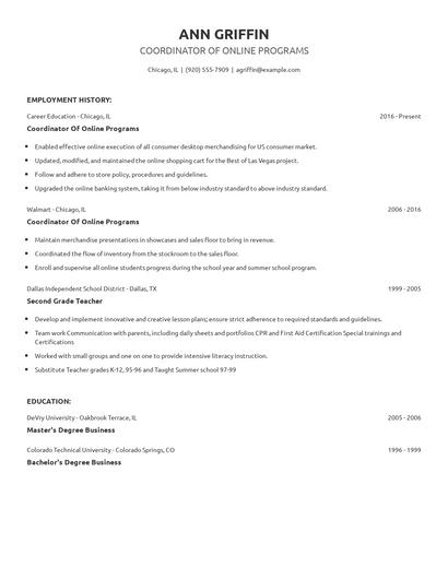Coordinator Of Online Programs Resume