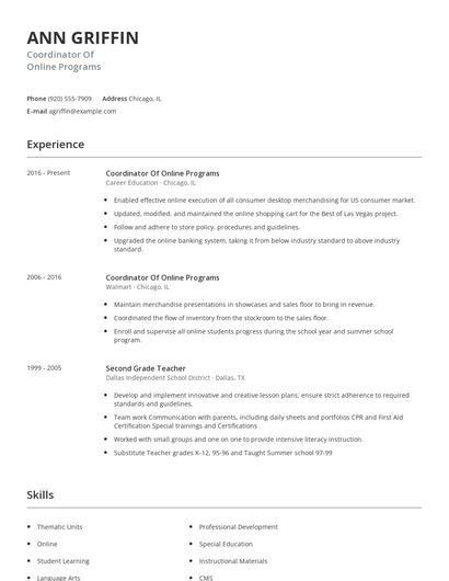Coordinator Of Online Programs Resume