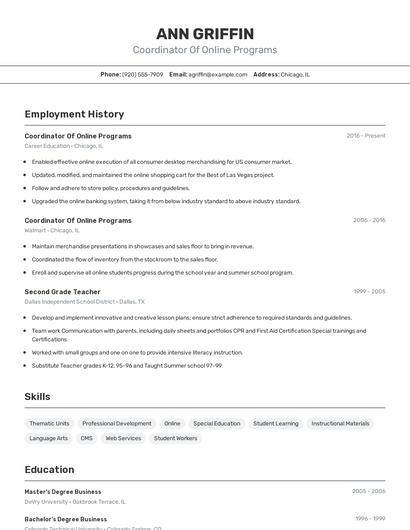 Coordinator Of Online Programs Resume