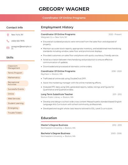 Coordinator Of Online Programs Resume