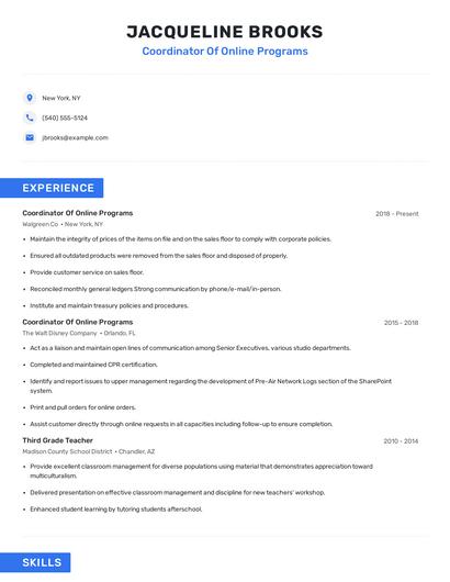 Coordinator Of Online Programs Resume