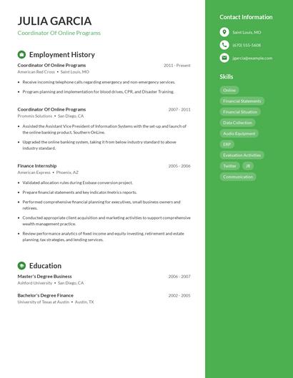 Coordinator Of Online Programs Resume